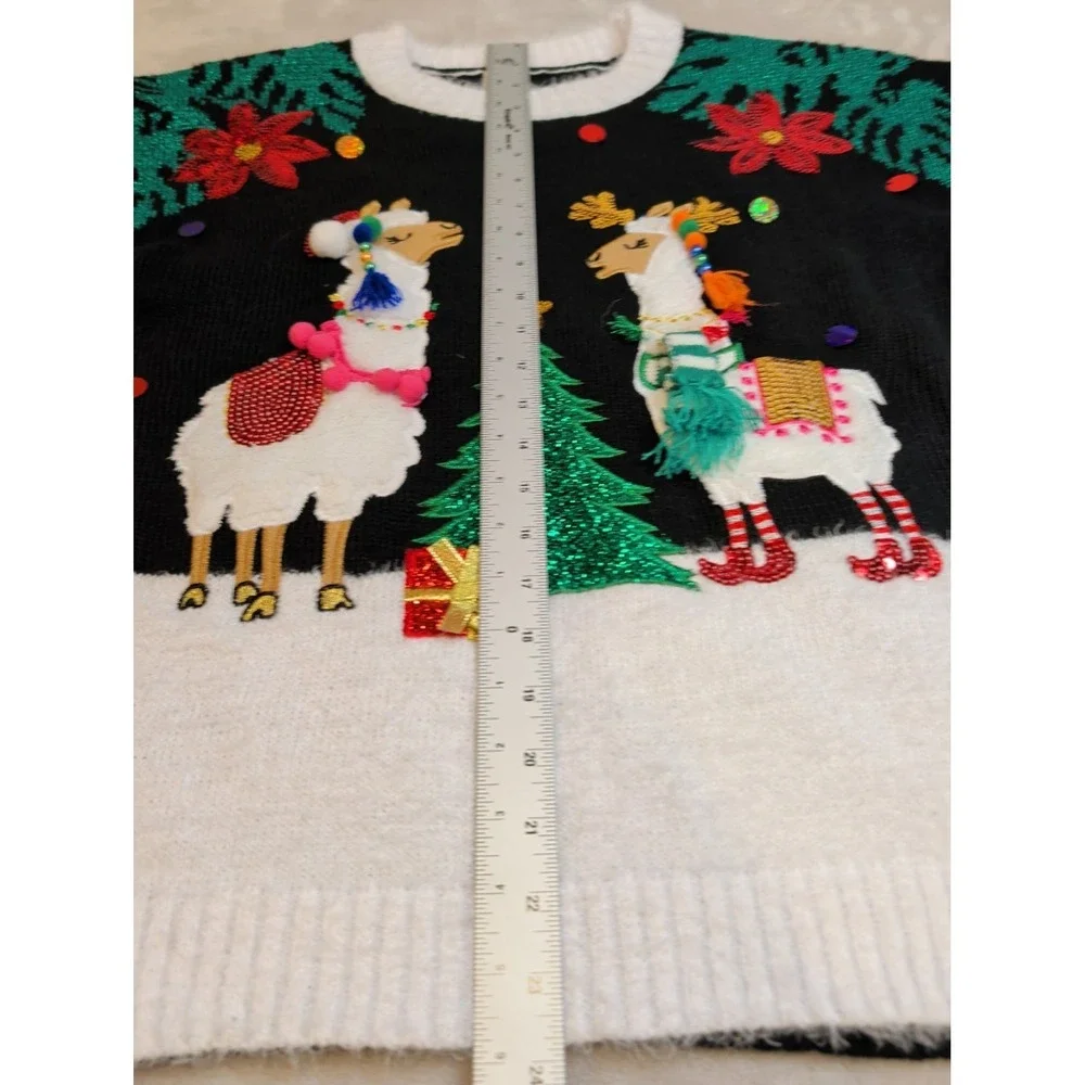 Holiday Time Llama Christmas Sweater‎ M 8-10 Black 3D Sequin Ugly Festive